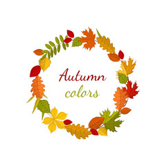 Autumn leaves round frame. Maple, oak, chestnut, rowan, birch. Decor for invitations, greeting cards, posters. Vector illustration