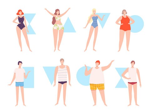 Five Types of Male and Female Body Shapes Set, Hourglass, Inverted Triangle, Round, Rectangle, Triangle, People in Underwear Flat Style Vector Illustration