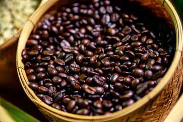 Close up of roasted coffee beans in wicker basket