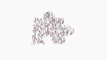 3d rendering of crowd of people in shape of symbol of puzzle on white background isolated