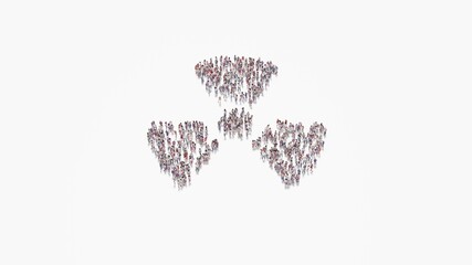 3d rendering of crowd of people in shape of symbol of radiation on white background isolated