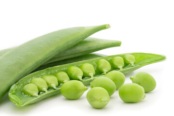 Close up of Fresh green sugar snap peas isolated on white background