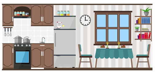 Kitchen and dining room with furniture, equipment, food and utensils. Vector illustration on the theme of the interior.
