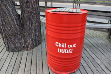 red alcohol barrels on terrace