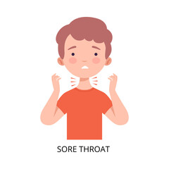 Boy Suffering from Sore Throat, Symptom of Viral Infection, Influenza or Respiratory Illness, Healthcare and Medicine Information about Flu and Virus Prevention Flat Vector Illustration