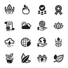 Set of Nature icons, such as Leaf dew, Safe planet. Certificate, approved group, save planet. Fair trade, Eco food, Thunderstorm weather. Leaves, Environment day, Organic tested. Vector