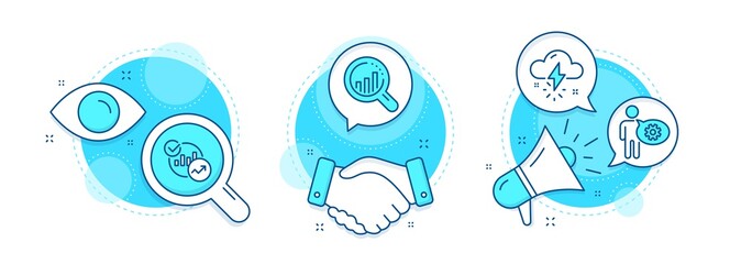 Cogwheel, Statistics and Thunderstorm weather line icons set. Handshake deal, research and promotion complex icons. Seo analysis sign. Engineering tool, Report charts, Thunder bolt. Vector