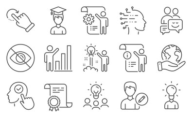 Set of People icons, such as Student, Artificial intelligence. Diploma, ideas, save planet. Graph chart, Settings blueprint, Select user. Creative idea, Rotation gesture, Education. Vector