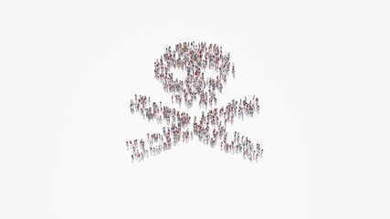 3d rendering of crowd of people in shape of symbol of skull crossbones on white background isolated