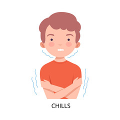Boy Suffering from Chills, Symptom of Viral Infection, Influenza or Respiratory Illness, Healthcare and Medicine Information about Flu and Virus Prevention Flat Vector Illustration