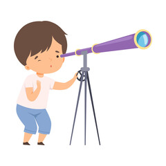 Cute Boy Watching through Telescope, Kids Hobby or Creative Activity Cartoon Vector Illustration