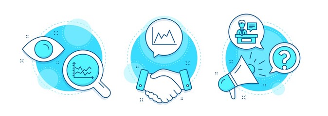 Question mark, Diagram and Diagram chart line icons set. Handshake deal, research and promotion complex icons. Exhibitors sign. Ask support, Growth graph, Presentation graph. Information desk. Vector