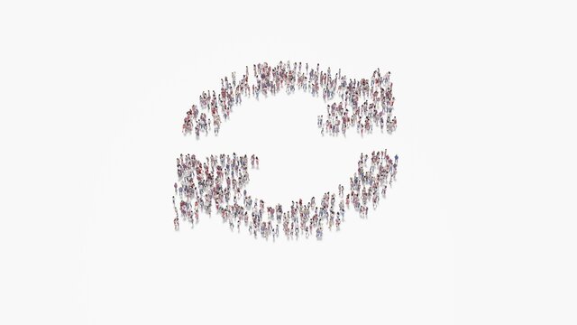 3d rendering of crowd of people in shape of symbol of sync alt on white background isolated