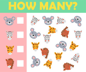 Fototapeta premium Cartoon Illustration of Education Mathematical Game of Animals Counting for Preschool Children.