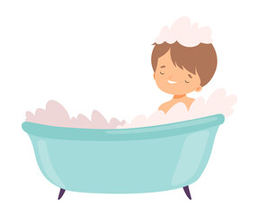 Cute Boy Taking Bath in Bubble Bathtub, Preschool Kid Daily Routine Activity Cartoon Vector Illustration