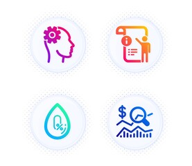 Manual doc, No alcohol and Engineering icons simple set. Button with halftone dots. Check investment sign. Project info, Mineral oil, Cogwheel head. Business report. Science set. Vector