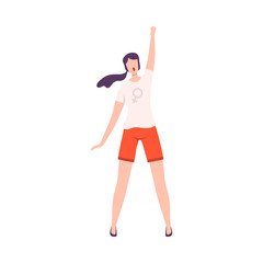 Young Woman Standing with her Fist Raised Up, Feminism, Freedom, Protest, Female Power and Rights Flat Style Vector Illustration