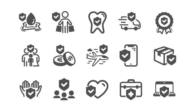 Insurance icons set. Family risk, Health care, help service. Car accident, flood insurance, flight protection icons. Safety document, money savings, delivery risk. Car full coverage. Vector