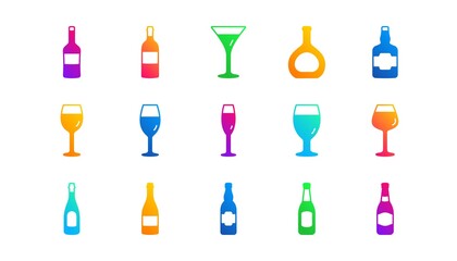 Beer drinks, Wine glass and Whiskey bottle. Bottles icons. Champagne classic icon set. Gradient patterns. Quality signs set. Vector