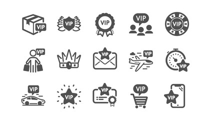 Vip icons set. Certificate, casino chips, delivery parcel. Very important person, player table, vip buyer icons. Crown, casino ticket, business class flight. Membership privilege. Quality set. Vector