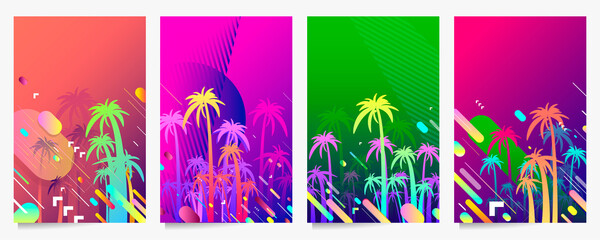 Abstract set summer palm party background universal art web header template. Collage made with scribbles canyon strokes