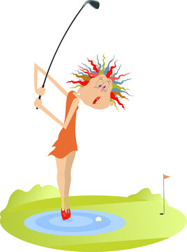 Woman and problem kick on the golf course illustration. Funny golfer woman stands on the water is thinking how to do a kick from the water obstacle
