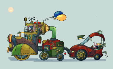 Vector illustration steampunk vehicle,  cartoon
