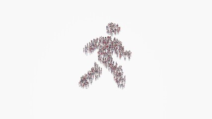 3d rendering of crowd of people in shape of symbol of walking on white background isolated