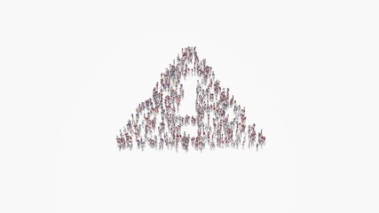3d rendering of crowd of people in shape of symbol of warning  on white background isolated