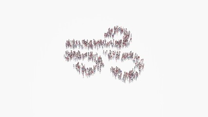 3d rendering of crowd of people in shape of symbol of wind on white background isolated