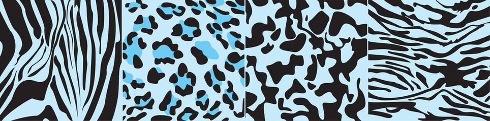Zebra, leopard, tiger background of animal spots in blue pastel colours vector illustration