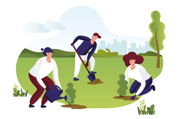 Young people volunteers plant forest cartoon vector illustration