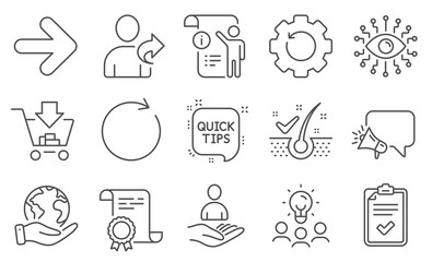 Set of Technology icons, such as Artificial intelligence, Checklist. Diploma, ideas, save planet. Quick tips, Megaphone, Refer friend. Next, Recovery gear, Shopping. Vector