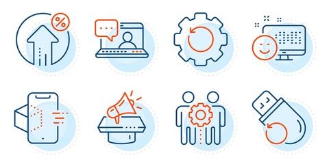 Recovery gear, Smile and Employees teamwork signs. Friends chat, Megaphone and Augmented reality line icons set. Loan percent, Flash memory symbols. Message, Brand advertisement. Vector