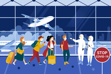 Crowd of people wearing protective medical masks in the airport. Night time. Vector illustration