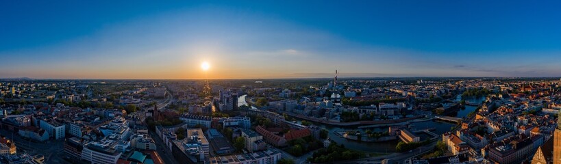 Fototapeta na wymiar Aerial drone view on Wroclaw city centre and Oder river.