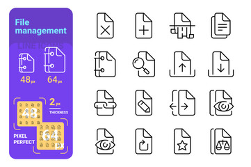 Set file management simple lines icons of paper tools.