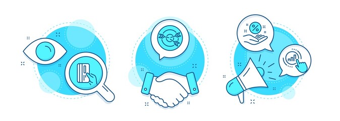Graph chart, Targeting and Loan percent line icons set. Handshake deal, research and promotion complex icons. Payment card sign. Get report, Target with arrows, Discount hand. Credit card. Vector