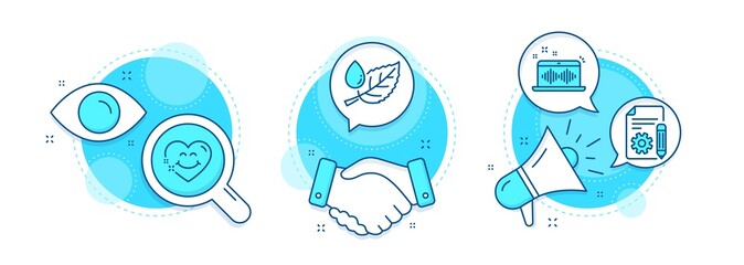 Smile face, Documentation and Music making line icons set. Handshake deal, research and promotion complex icons. Leaf dew sign. Love heart, Project, Dj app. Water drop. Business set. Vector