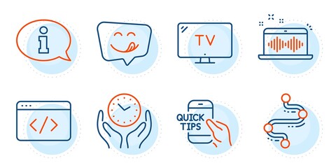 Seo script, Yummy smile and Music making signs. Information, Safe time and Tv line icons set. Timeline, Education symbols. Info center, Hold clock. Technology set. Outline icons set. Vector