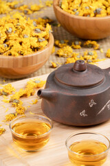 Close up of traditional Chinese tea pot and yellow Camomile flowers