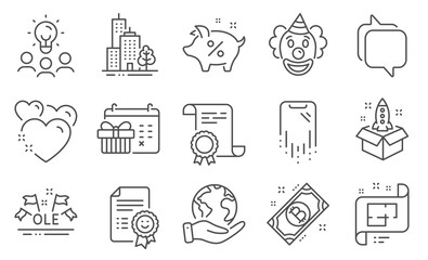 Set of Business icons, such as Smartphone recovery, Christmas calendar. Diploma, ideas, save planet. Bitcoin, Startup, Skyscraper buildings. Architectural plan, Clown, Smile. Vector