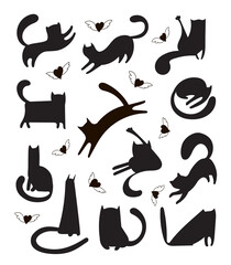 Trendy vector set of freehand drawn cat shapes for print, textile, t-shirts, cards, stickers, posters. Illustration of black and white kittens who sleep, play, run and hearts with wings.