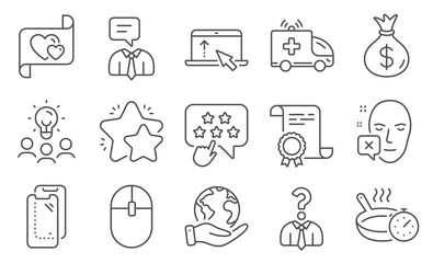 Set of Business icons, such as Hiring employees, Computer mouse. Diploma, ideas, save planet. Frying pan, Love letter, Money bag. Ambulance car, Face declined, Smartphone glass. Vector