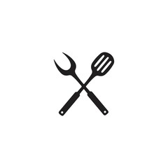 BBQ or grill tools icon. Crossed barbecue fork with spatula. Black simple silhouette. Symbol Template Logo. Vector illustration flat design. Isolated on white background.