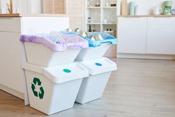 Image of big bins with garbage into it in domestic kitchen