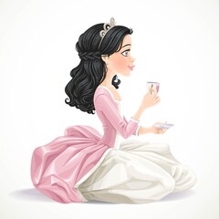 Fototapeta na wymiar Beautiful brunette princess with sitting on the floor with a cup