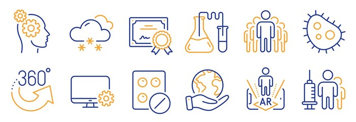 Set of Science icons, such as Monitor settings, 360 degrees. Certificate, save planet. Augmented reality, Thoughts, Snow weather. Chemistry lab, Medical tablet, Medical vaccination. Vector