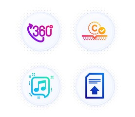 Collagen skin, 360 degree and Musical note icons simple set. Button with halftone dots. Upload file sign. Skin care, Virtual reality, Speech bubble. Load document. Business set. Vector