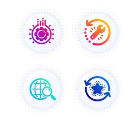 Web search, Gear and Recovery tool icons simple set. Button with halftone dots. Loyalty points sign. Find internet, Work process, Backup info. Bonus reward. Business set. Vector
